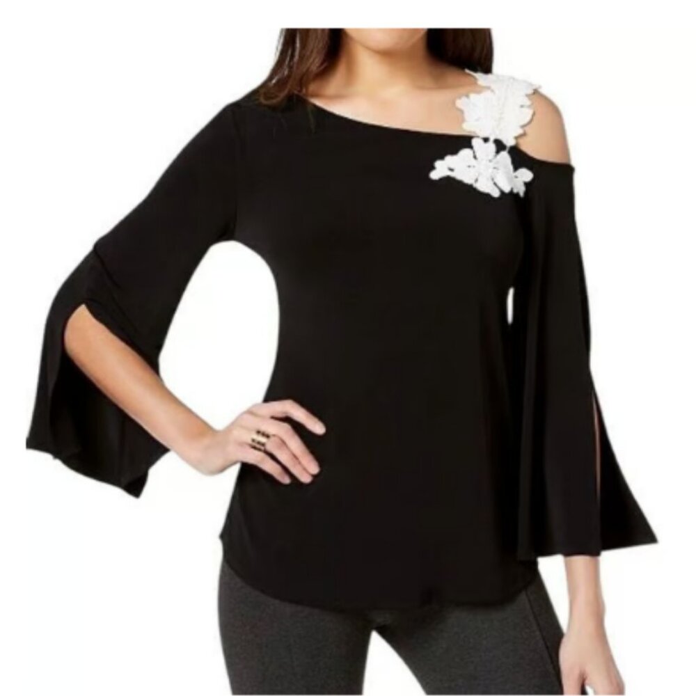 ALFANI One-Shoulder Deep Black w/ White Applique Strap TOP Size: Small